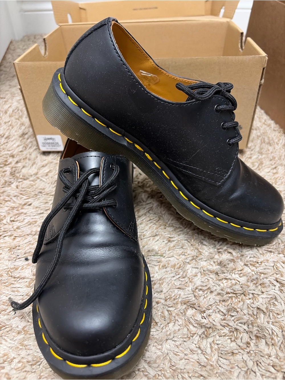 Dr. Martens Black Leather Lace-Up Shoes with Yellow Stitching